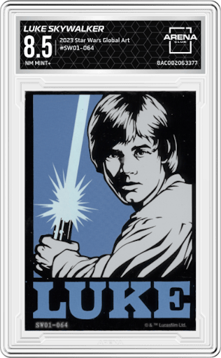 Luke Skywalker from the 2023 Card.Fun Star Wars Global Art Series set graded by Arena Club and given an overall grade of 8.5.