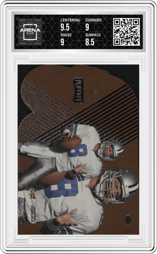 Troy Aikman from the 1997 Playoff Contenders set graded by Arena Club and given an overall grade of 9.