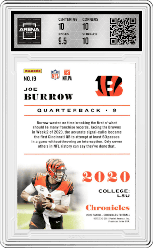 Joe Burrow from the 2020 Panini Chronicles set graded by Arena Club and given an overall grade of 10.