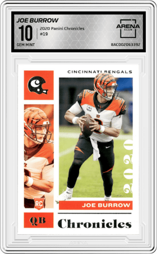 Joe Burrow from the 2020 Panini Chronicles set graded by Arena Club and given an overall grade of 10.