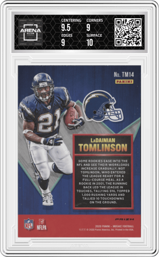 LaDainian Tomlinson from the 2020 Panini Mosaic set featuring a Green Mosaic parallel graded by Arena Club and given an overall grade of 9.5.