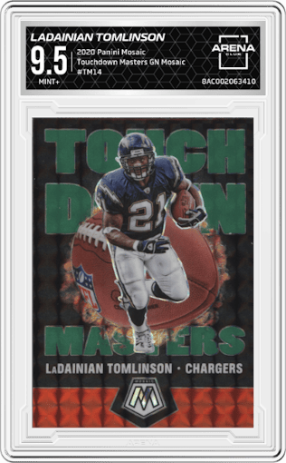 LaDainian Tomlinson from the 2020 Panini Mosaic set featuring a Green Mosaic parallel graded by Arena Club and given an overall grade of 9.5.