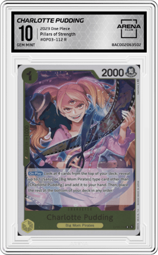 Charlotte Pudding from the 2023 One Piece set graded by Arena Club and given an overall grade of 10.