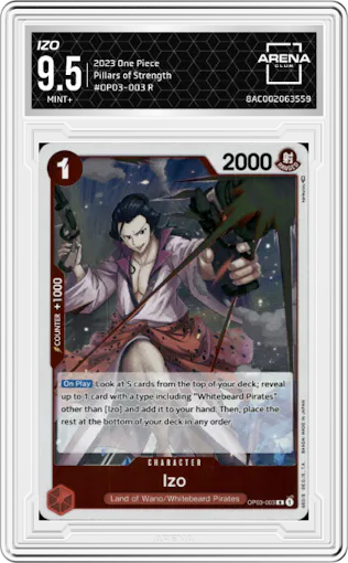 Izo from the 2023 One Piece set graded by Arena Club and given an overall grade of 9.5.