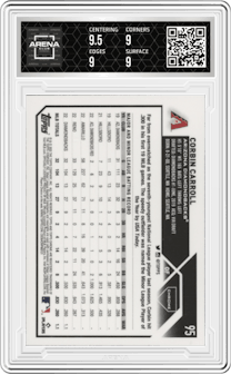 Corbin Carroll from the 2023 Topps Chrome set graded by Arena Club and given an overall grade of 9.
