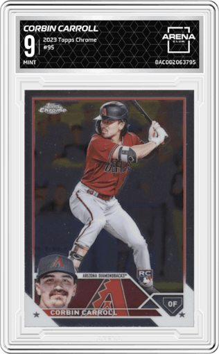 Corbin Carroll from the 2023 Topps Chrome set graded by Arena Club and given an overall grade of 9.