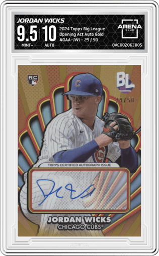 Jordan Wicks from the 2024 Topps Big League set featuring a Gold parallel graded by Arena Club and given an overall grade of 9.5.