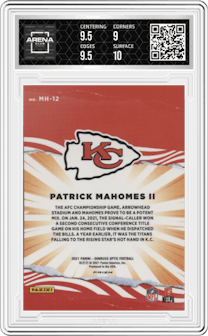 Patrick Mahomes II from the 2021 Panini Donruss Optic set graded by Arena Club and given an overall grade of 9.5.