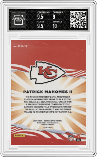 Patrick Mahomes II from the 2021 Panini Donruss Optic set graded by Arena Club and given an overall grade of 9.5.