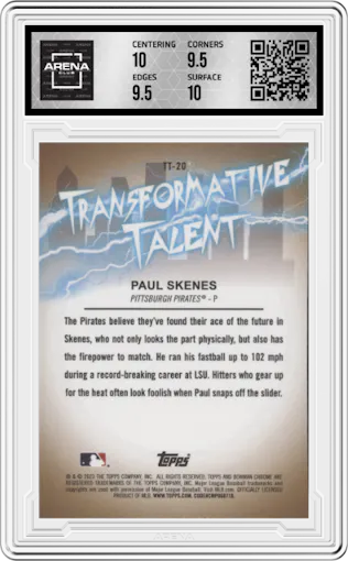 Paul Skenes from the 2023 Bowman Draft set graded by Arena Club and given an overall grade of 10.