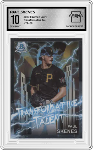 Paul Skenes from the 2023 Bowman Draft set graded by Arena Club and given an overall grade of 10.