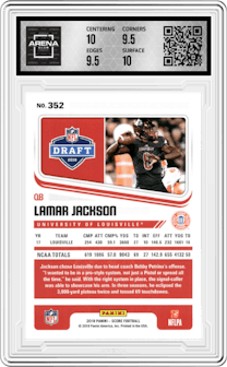 Lamar Jackson from the 2018 Panini Score set graded by Arena Club and given an overall grade of 10.