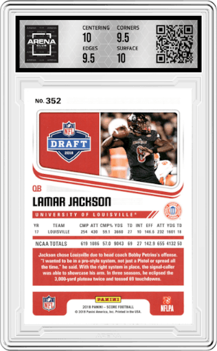 Lamar Jackson from the 2018 Panini Score set graded by Arena Club and given an overall grade of 10.