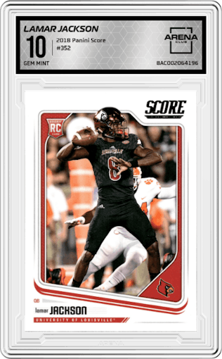 Lamar Jackson from the 2018 Panini Score set graded by Arena Club and given an overall grade of 10.