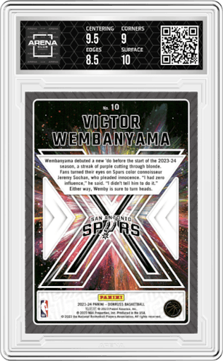 Victor Wembanyama from the 2023-24 Panini Donruss set graded by Arena Club and given an overall grade of 9.