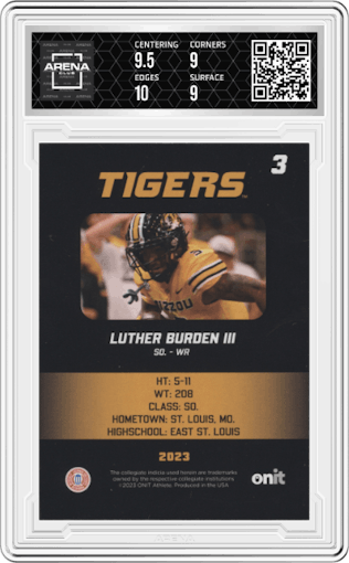 Luther Burden III from the 2023 ONIT Athlete Missouri Tigers set graded by Arena Club and given an overall grade of 9.5.