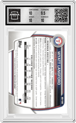 Wyatt Langford from the 2023 Bowman Draft set graded by Arena Club and given an overall grade of 10.