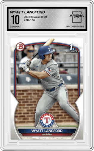 Wyatt Langford from the 2023 Bowman Draft set graded by Arena Club and given an overall grade of 10.