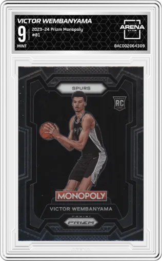Victor Wembanyama from the 2023-24 Panini Prizm Monopoly set graded by Arena Club and given an overall grade of 9.