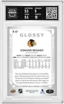 Connor Bedard from the 2023-24 Upper Deck Series 2 set graded by Arena Club and given an overall grade of 9.5.
