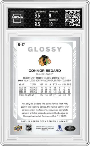 Connor Bedard from the 2023-24 Upper Deck Series 2 set graded by Arena Club and given an overall grade of 9.5.