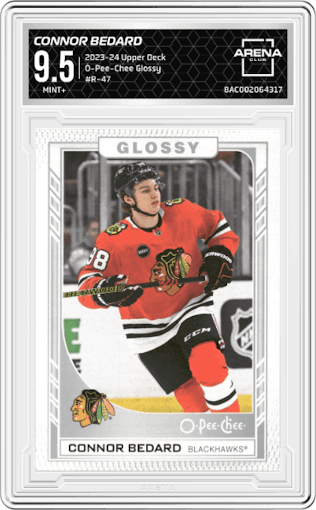 Connor Bedard from the 2023-24 Upper Deck Series 2 set graded by Arena Club and given an overall grade of 9.5.