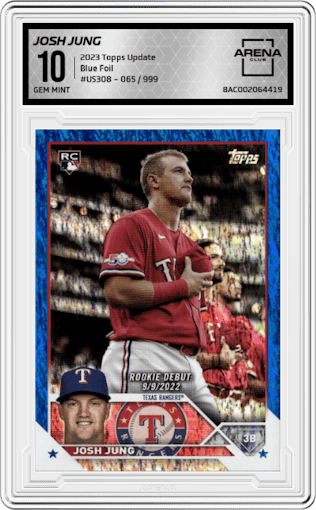 Josh Jung from the 2023 Topps Update set featuring a Blue Foil parallel graded by Arena Club and given an overall grade of 10.