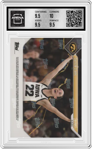Caitlin Clark from the 2023-24 Bowman U Now set featuring a Variation parallel graded by Arena Club and given an overall grade of 10.