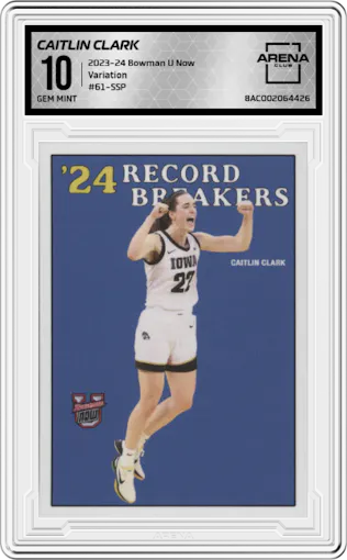 Caitlin Clark from the 2023-24 Bowman U Now set featuring a Variation parallel graded by Arena Club and given an overall grade of 10.