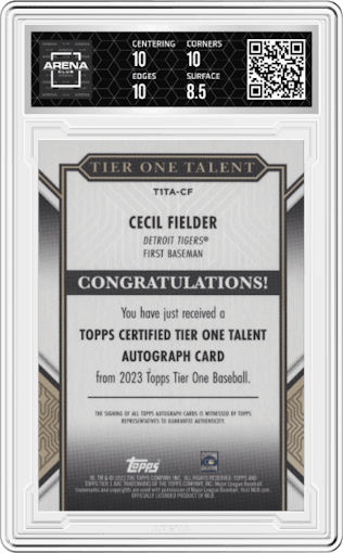 Cecil Fielder from the 2023 Topps Tier One set graded by Arena Club and given an overall grade of 9.