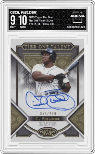 Cecil Fielder from the 2023 Topps Tier One set graded by Arena Club and given an overall grade of 9.