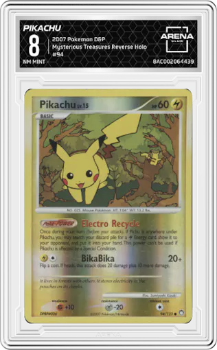 Pikachu from the 2007 Pokemon D&P set graded by Arena Club and given an overall grade of 8.