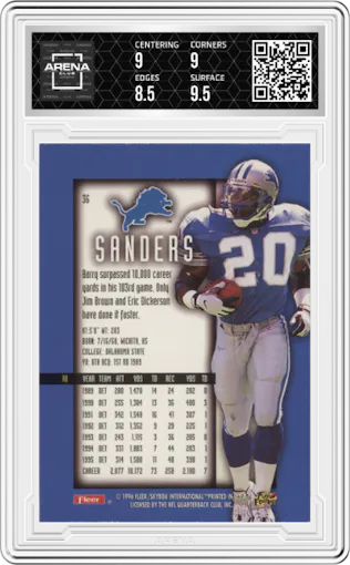 Barry Sanders from the 1996 Fleer Ultra Sensations set graded by Arena Club and given an overall grade of 9.