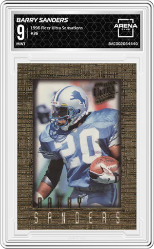 Barry Sanders from the 1996 Fleer Ultra Sensations set graded by Arena Club and given an overall grade of 9.