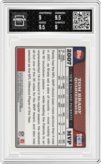 Tom Brady from the 2008 Topps Chrome set graded by Arena Club and given an overall grade of 9.5.