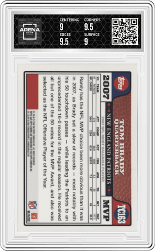 Tom Brady from the 2008 Topps Chrome set graded by Arena Club and given an overall grade of 9.5.