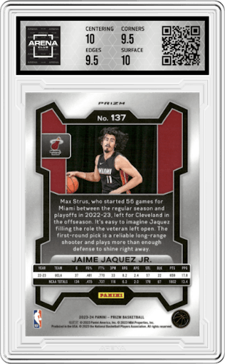 Jaime Jaquez Jr. from the 2023-24 Panini Prizm set featuring a Green Prizm parallel graded by Arena Club and given an overall grade of 10.