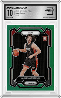 Jaime Jaquez Jr. from the 2023-24 Panini Prizm set featuring a Green Prizm parallel graded by Arena Club and given an overall grade of 10.