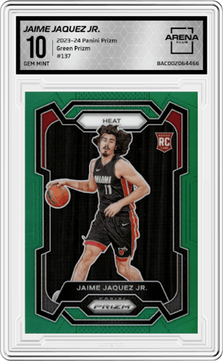 Jaime Jaquez Jr. from the 2023-24 Panini Prizm set featuring a Green Prizm parallel graded by Arena Club and given an overall grade of 10.