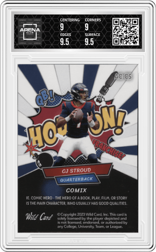 CJ Stroud from the 2023 Wild Card Alumination Limited Edition CJ Stroud Comix set featuring a Blue/White Lazer parallel graded by Arena Club and given an overall grade of 9.5.