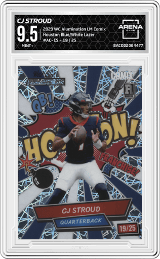 CJ Stroud from the 2023 Wild Card Alumination Limited Edition CJ Stroud Comix set featuring a Blue/White Lazer parallel graded by Arena Club and given an overall grade of 9.5.
