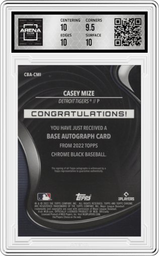 Casey Mize from the 2022 Topps Chrome Black set graded by Arena Club and given an overall grade of 10.