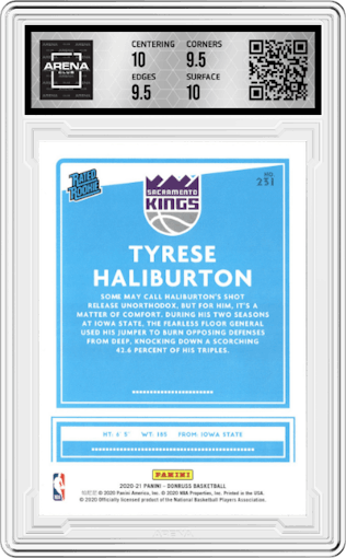 Tyrese Haliburton from the 2020-21 Panini Donruss set graded by Arena Club and given an overall grade of 10.