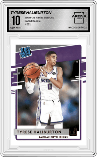 Tyrese Haliburton from the 2020-21 Panini Donruss set graded by Arena Club and given an overall grade of 10.