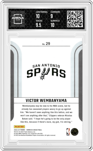 Victor Wembanyama  from the 2023-24 Panini Donruss set graded by Arena Club and given an overall grade of 9.5.
