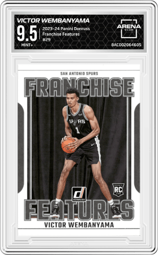 Victor Wembanyama  from the 2023-24 Panini Donruss set graded by Arena Club and given an overall grade of 9.5.