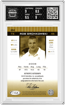 Rob Gronkowski from the 2010 SAGE Hit set graded by Arena Club and given an overall grade of 9.