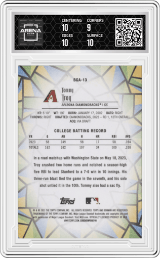 Tommy Troy from the 2023 Bowman Draft set graded by Arena Club and given an overall grade of 9.5.