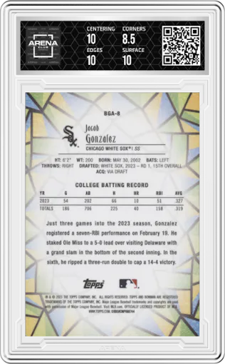 Jacob Gonzalez from the 2023 Bowman Draft set graded by Arena Club and given an overall grade of 9.