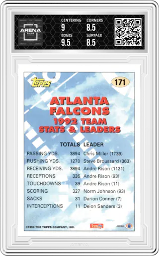 Deion Sanders from the 1993 Topps set featuring a Gold parallel graded by Arena Club and given an overall grade of 9.